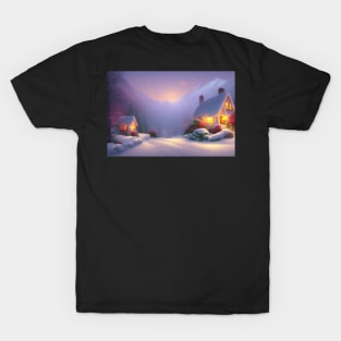 Magical Fantasy House with Lights in a Snowy Scene, Fantasy Cottagecore artwork T-Shirt